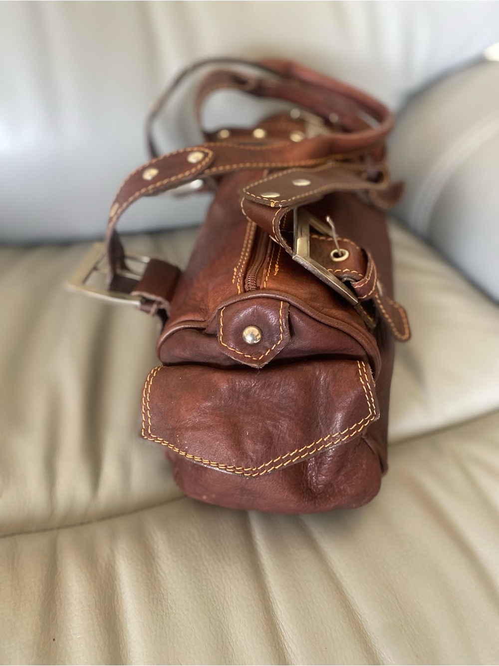 Vintage Y2K Vera Pelle Italian Brown Leather Shoulder Bag with Buckle Straps - Picture 4 of 10